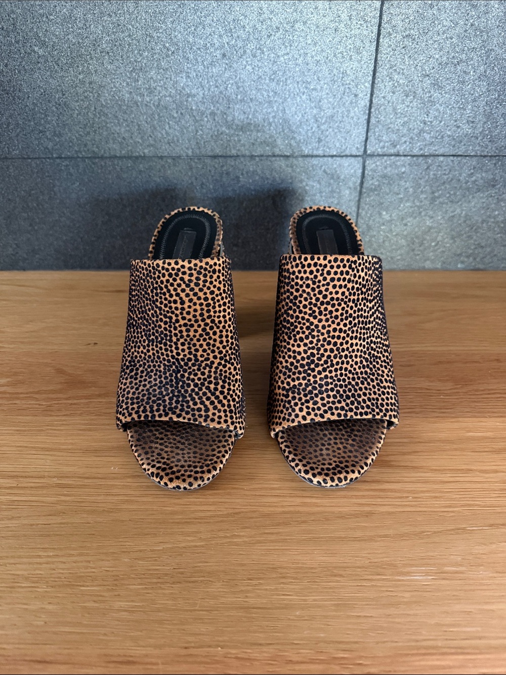 Alexander Wang Tan and Black Speckled Open-Toe Slide Heels